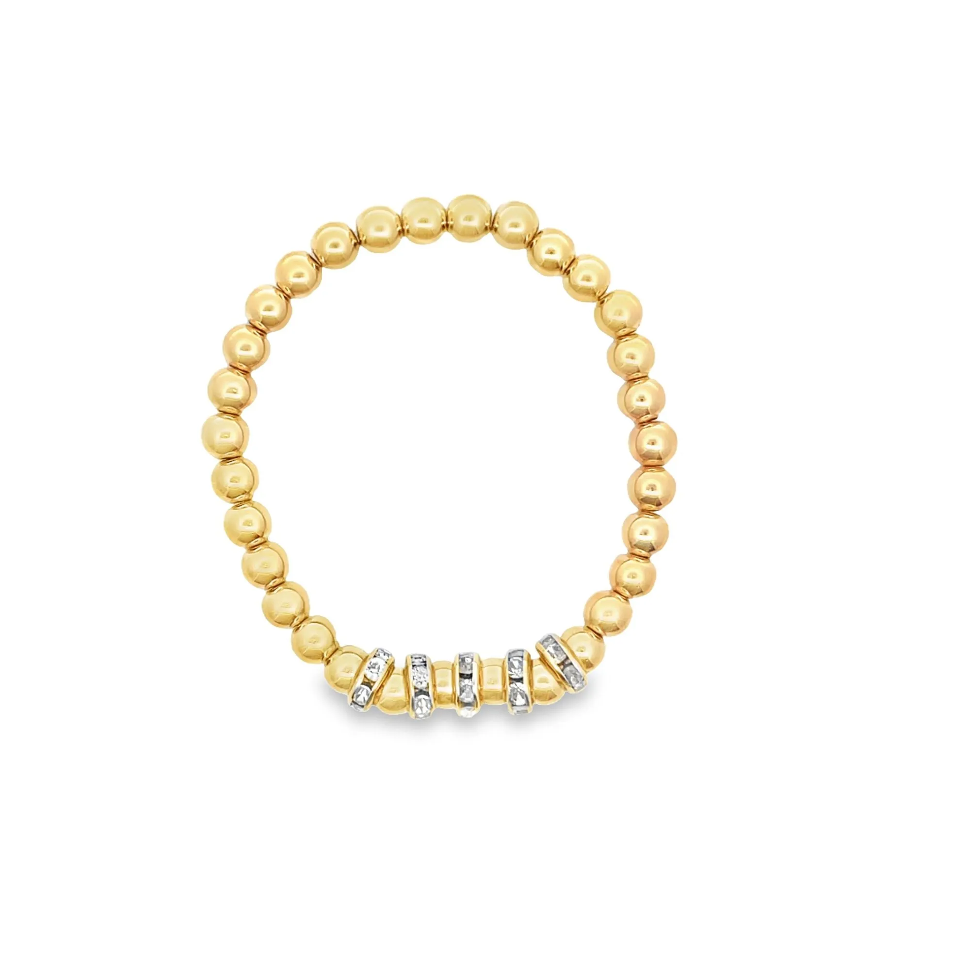 Gold Elastic Beaded Bracelet With Circular Zirconia Stone Charms (I438)