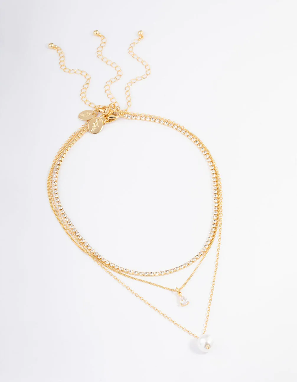 Gold Plated Cup Chain Diamante & Freshwater Pearl Layered Necklace