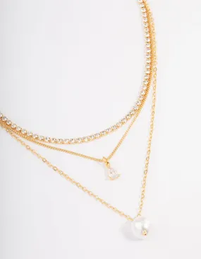 Gold Plated Cup Chain Diamante & Freshwater Pearl Layered Necklace