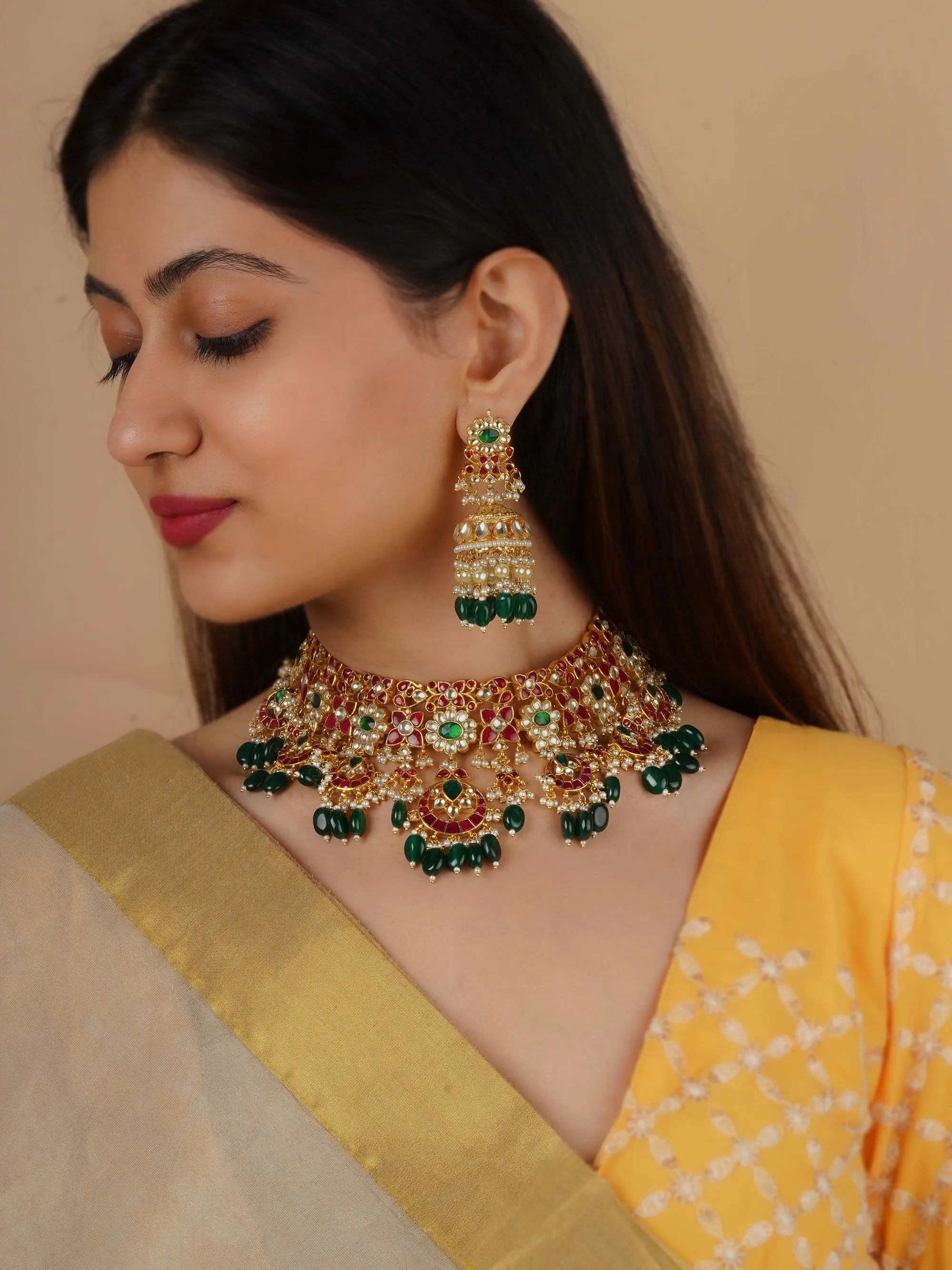 Gold Plated Jadau Kundan Necklace Set - MS2041