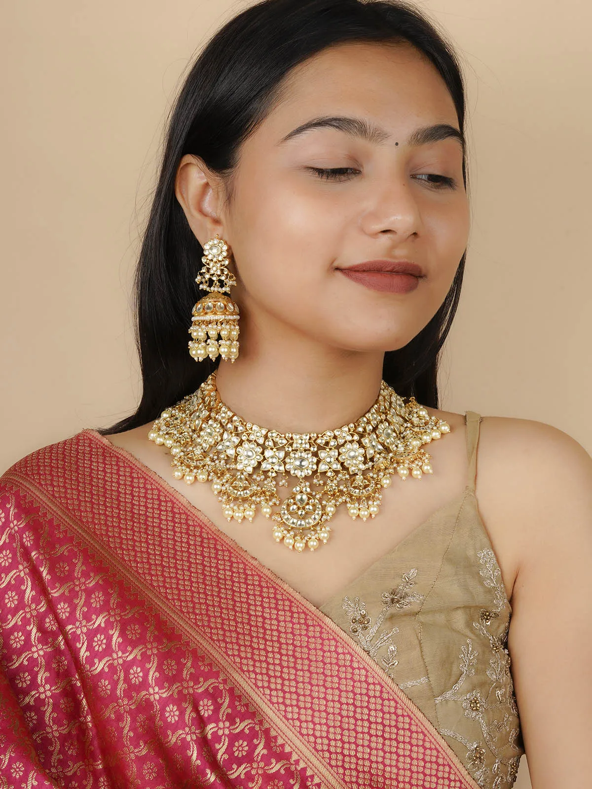 Gold Plated Jadau Kundan Necklace Set - MS2041