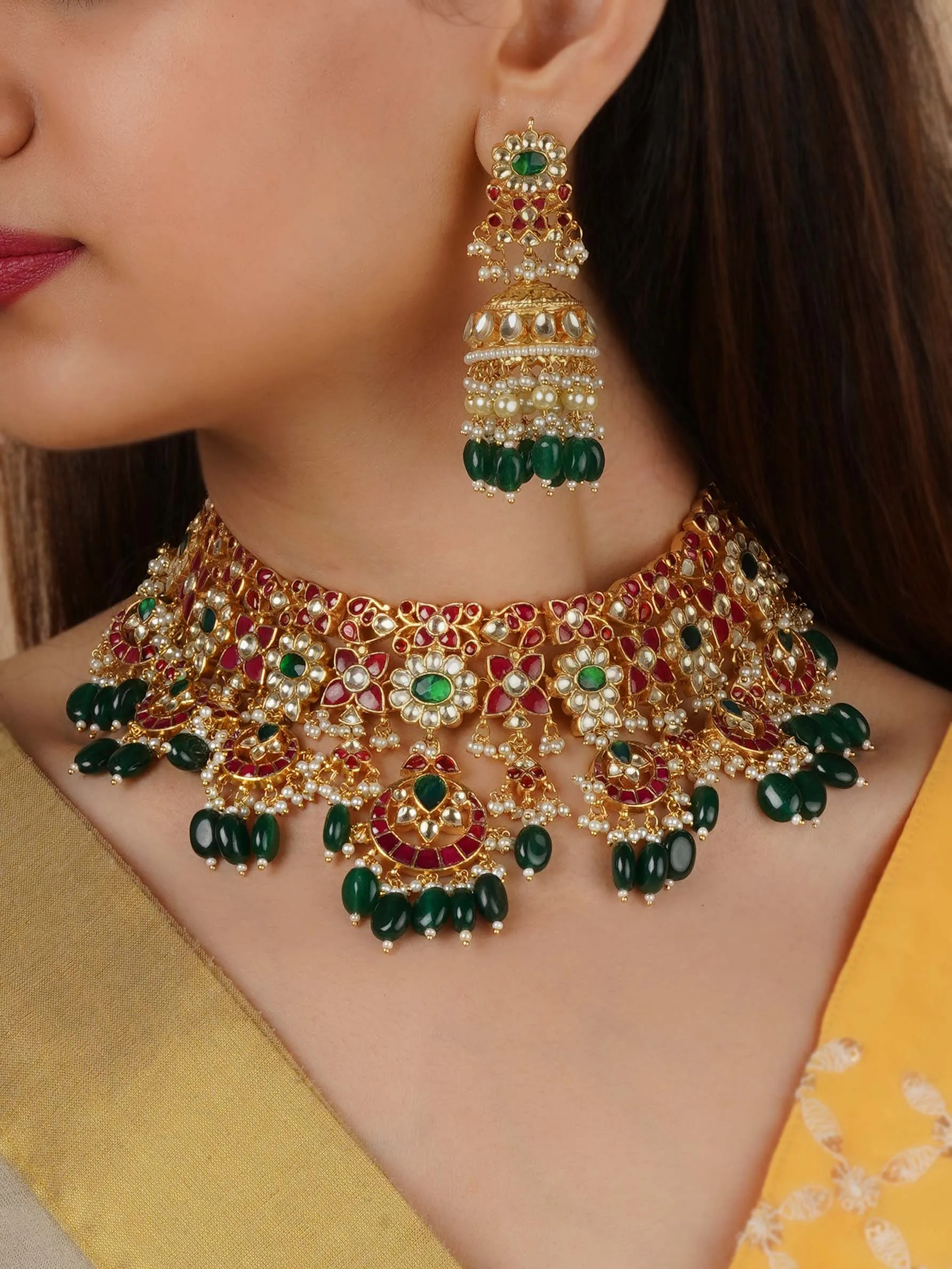 Gold Plated Jadau Kundan Necklace Set - MS2041