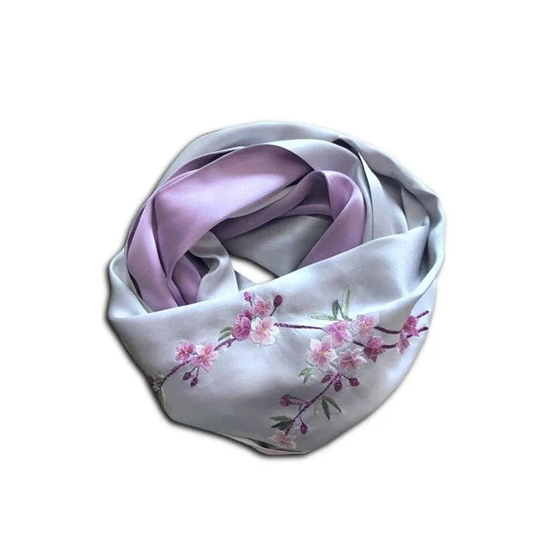 Handmade Su Embroidery 16 Momme Silk Scarf Orchid 155x35cm