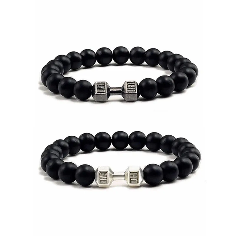 High Quality Men Beaded Bracelet Natural Black Lava Stone Dumbbell Charm Bracelets Energy Fitness Barbell Fashion Women Jewelry