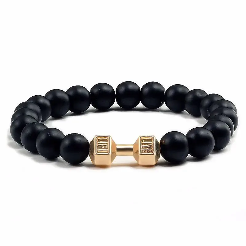 High Quality Men Beaded Bracelet Natural Black Lava Stone Dumbbell Charm Bracelets Energy Fitness Barbell Fashion Women Jewelry