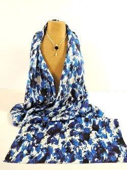 Imperial Blue Poppies XL Oblong Silk Scarf with Lariat necklace