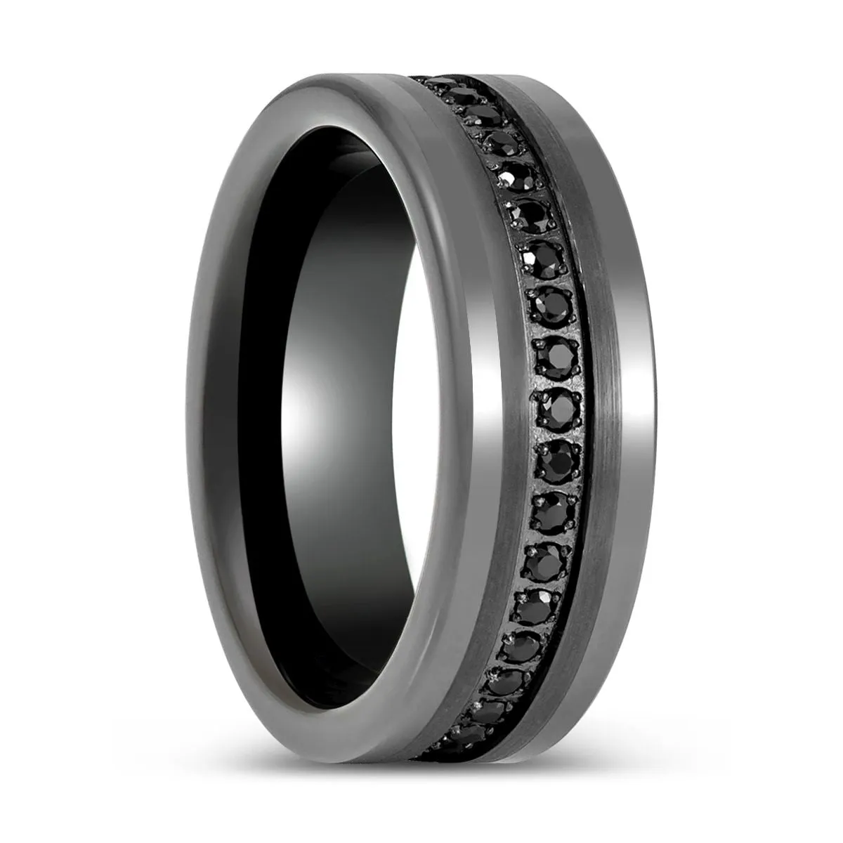 INFINITUM | Gun Metal Tungsten Ring, Black CZ Eternity, Flat