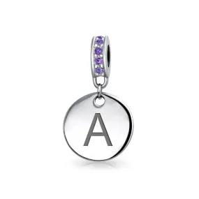 Initial Alphabet Bead Charm Purple Crystal Accent Sterling Silver Amethyst Bead