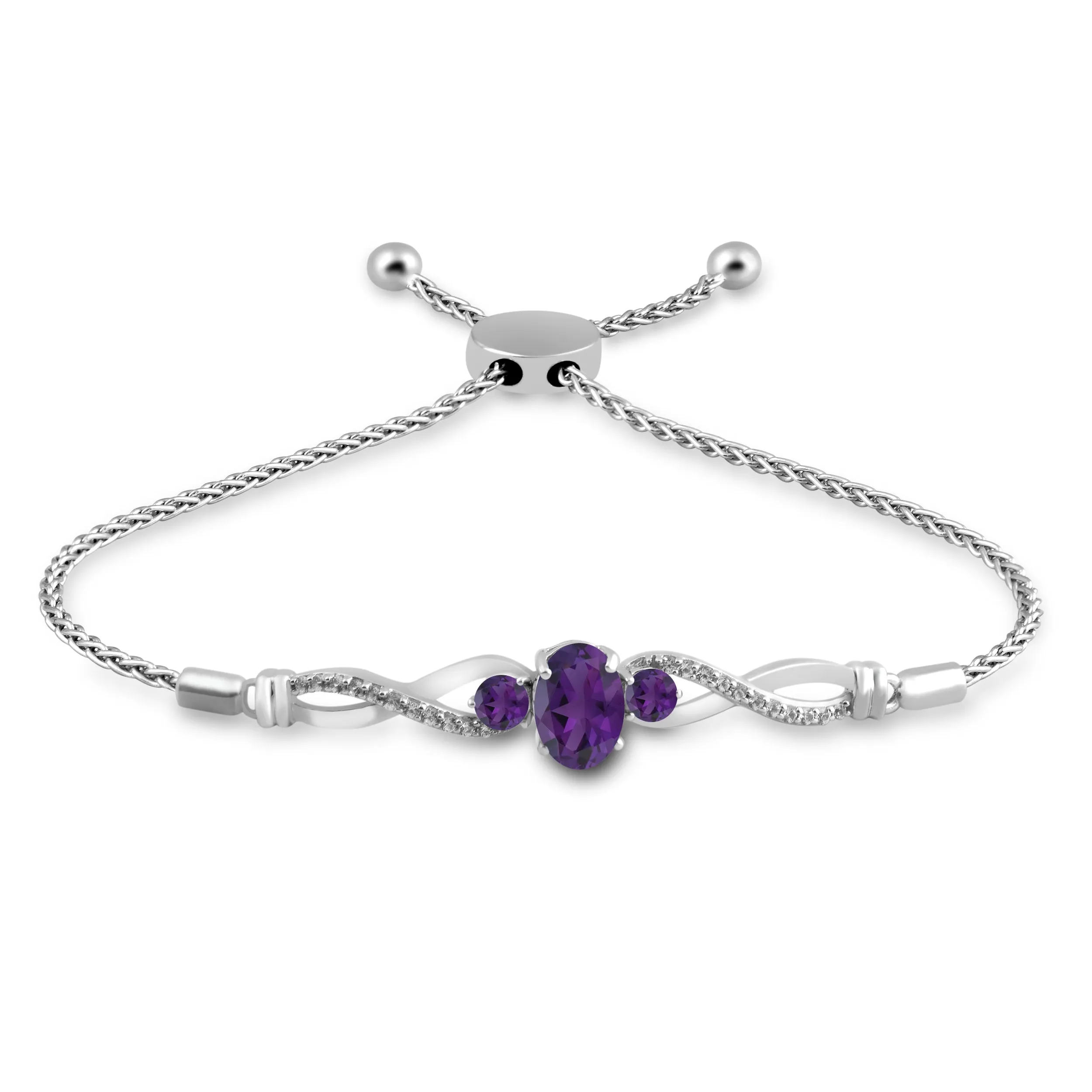 Jewelili Sterling Silver With Oval,Round Amethyst and Round Created White Sapphire Bolo Bracelet