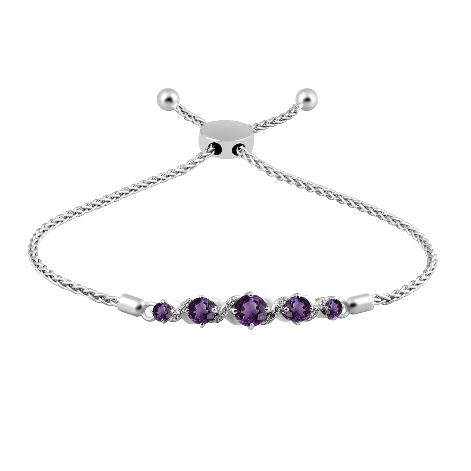 Jewelili Sterling Silver with Round Shape Amethyst and Round Created White Sapphire Bolo Bracelet, 9.5"