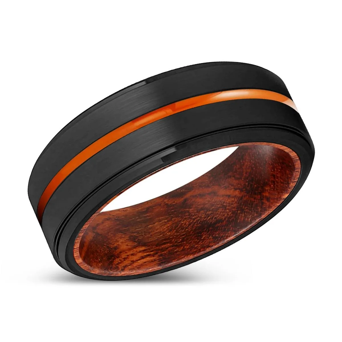 KITCHENER | Snake Wood, Black Tungsten Ring, Orange Groove, Stepped Edge