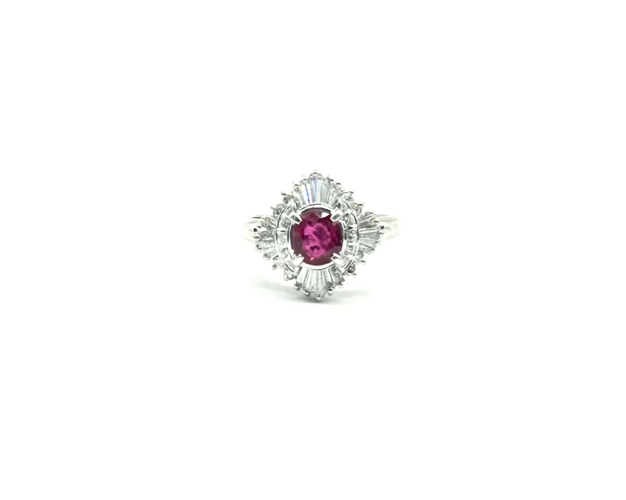 Ladies Platinum Diamond Baguette and Oval Ruby Ring