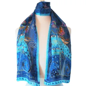 Laurel Burch Indigo Cats & Butterflies Art 100% Silk Scarf