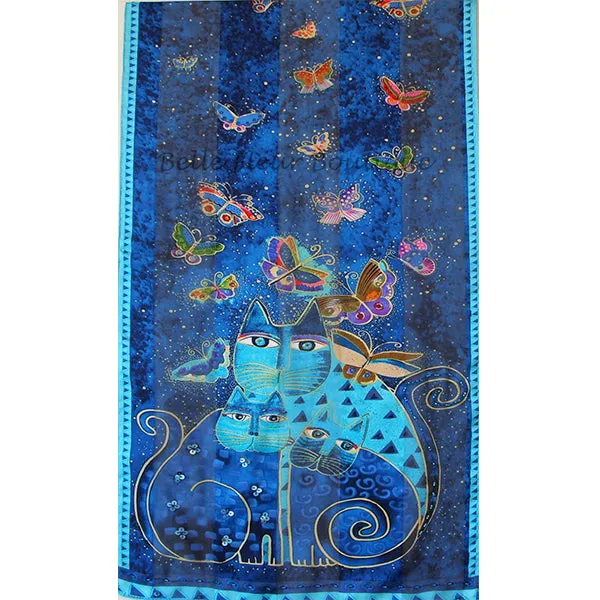 Laurel Burch Indigo Cats & Butterflies Art 100% Silk Scarf