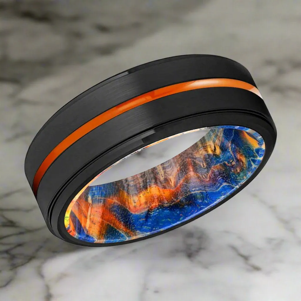 MCKINNEY | Blue & Yellow/Orange Wood, Black Tungsten Ring, Orange Groove, Stepped Edge