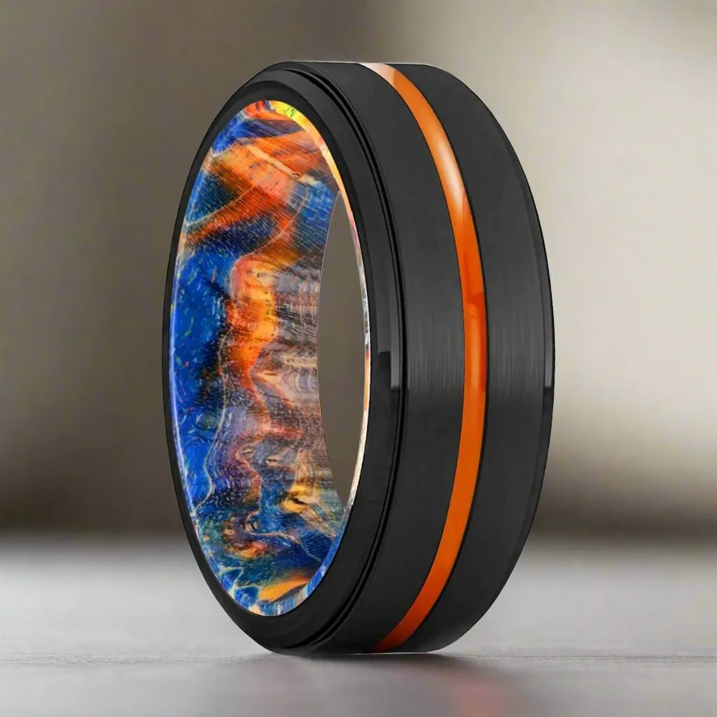 MCKINNEY | Blue & Yellow/Orange Wood, Black Tungsten Ring, Orange Groove, Stepped Edge