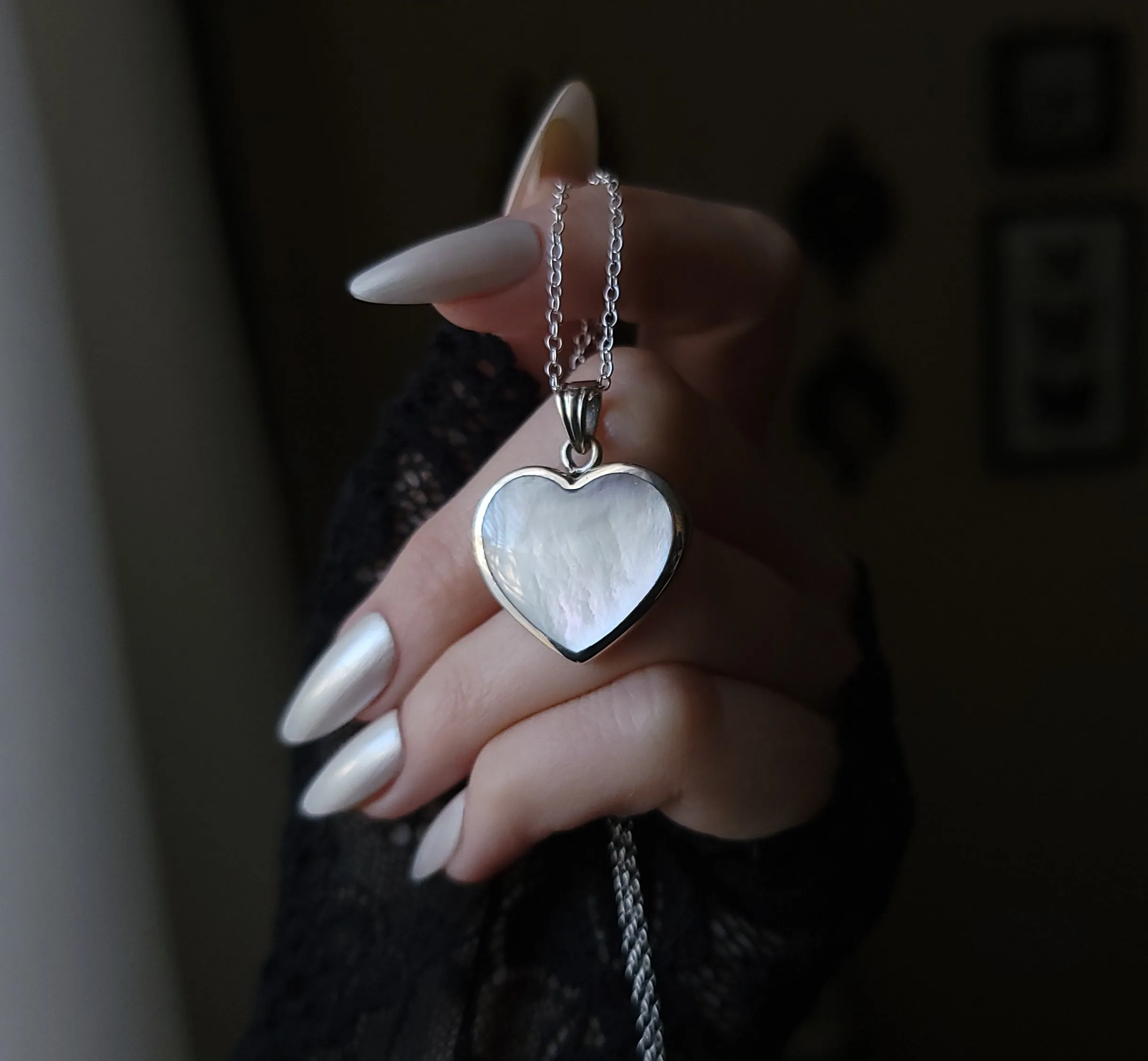 Medium Mother of Pearl Heart Necklace Sterling Silver