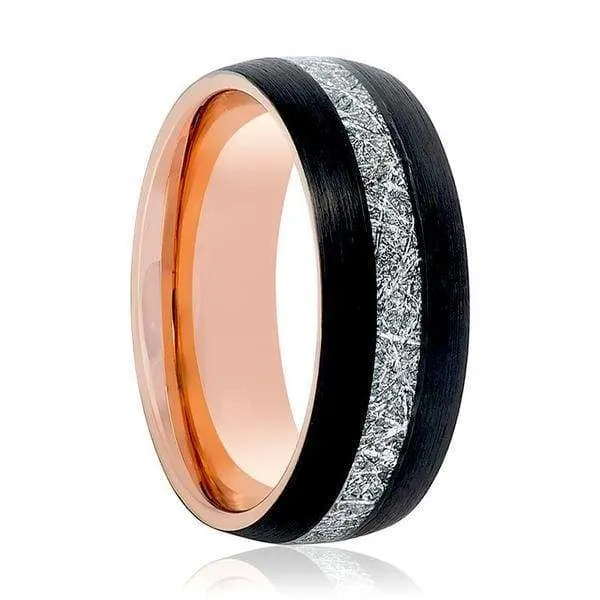 Men's Black Tungsten Carbide Ring With Rose Gold & Meteorite Inlay 8mm