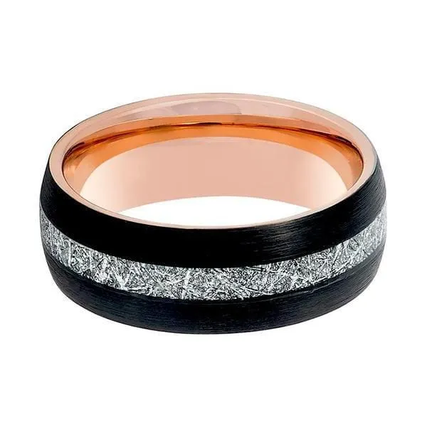 Men's Black Tungsten Carbide Ring With Rose Gold & Meteorite Inlay 8mm