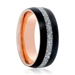 Men's Black Tungsten Carbide Ring With Rose Gold & Meteorite Inlay 8mm