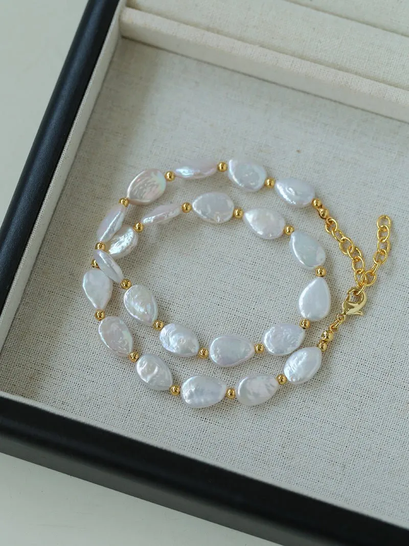 Mini Gold Bead and Teardrop Baroque Pearl Necklace