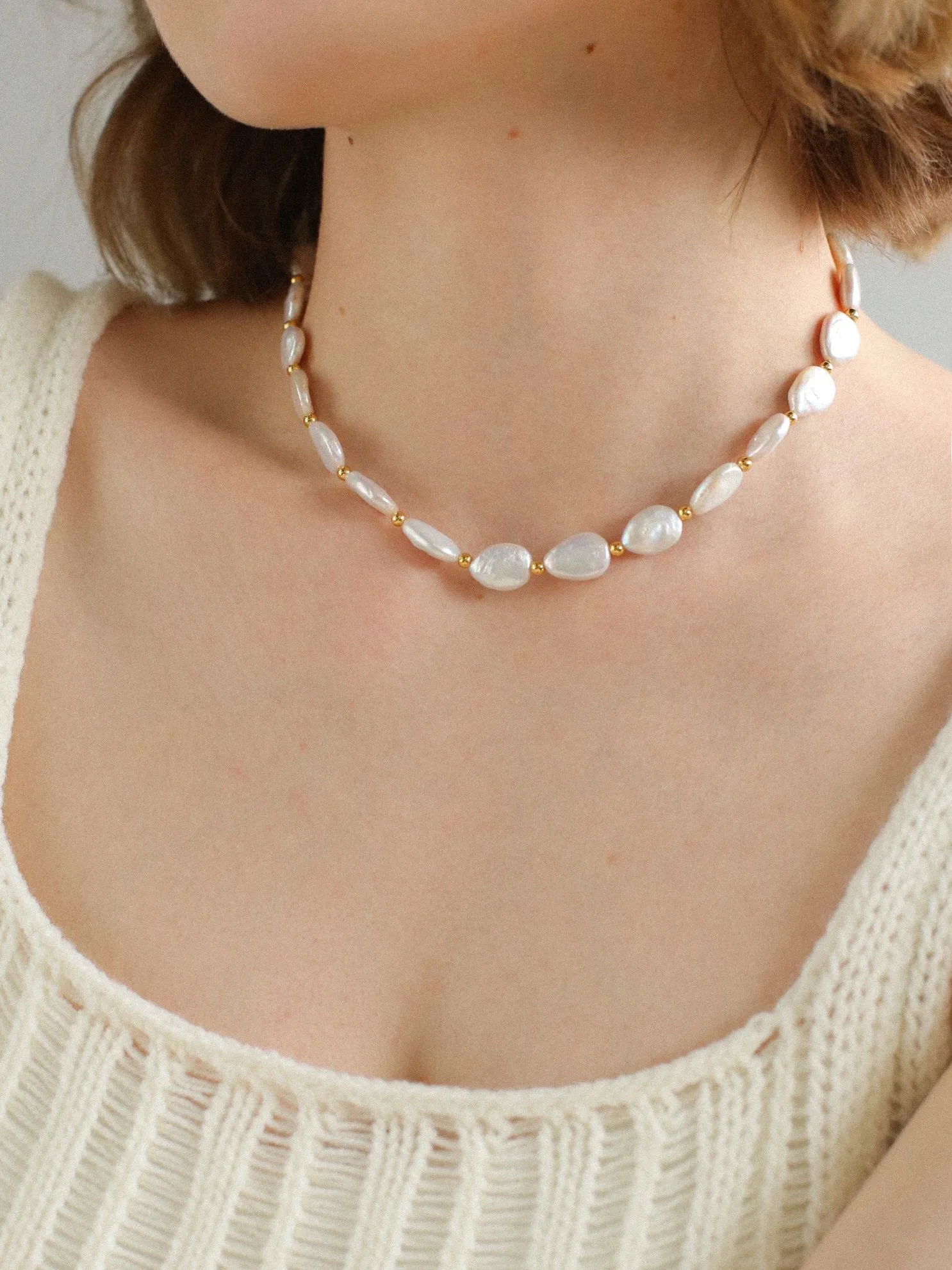 Mini Gold Bead and Teardrop Baroque Pearl Necklace