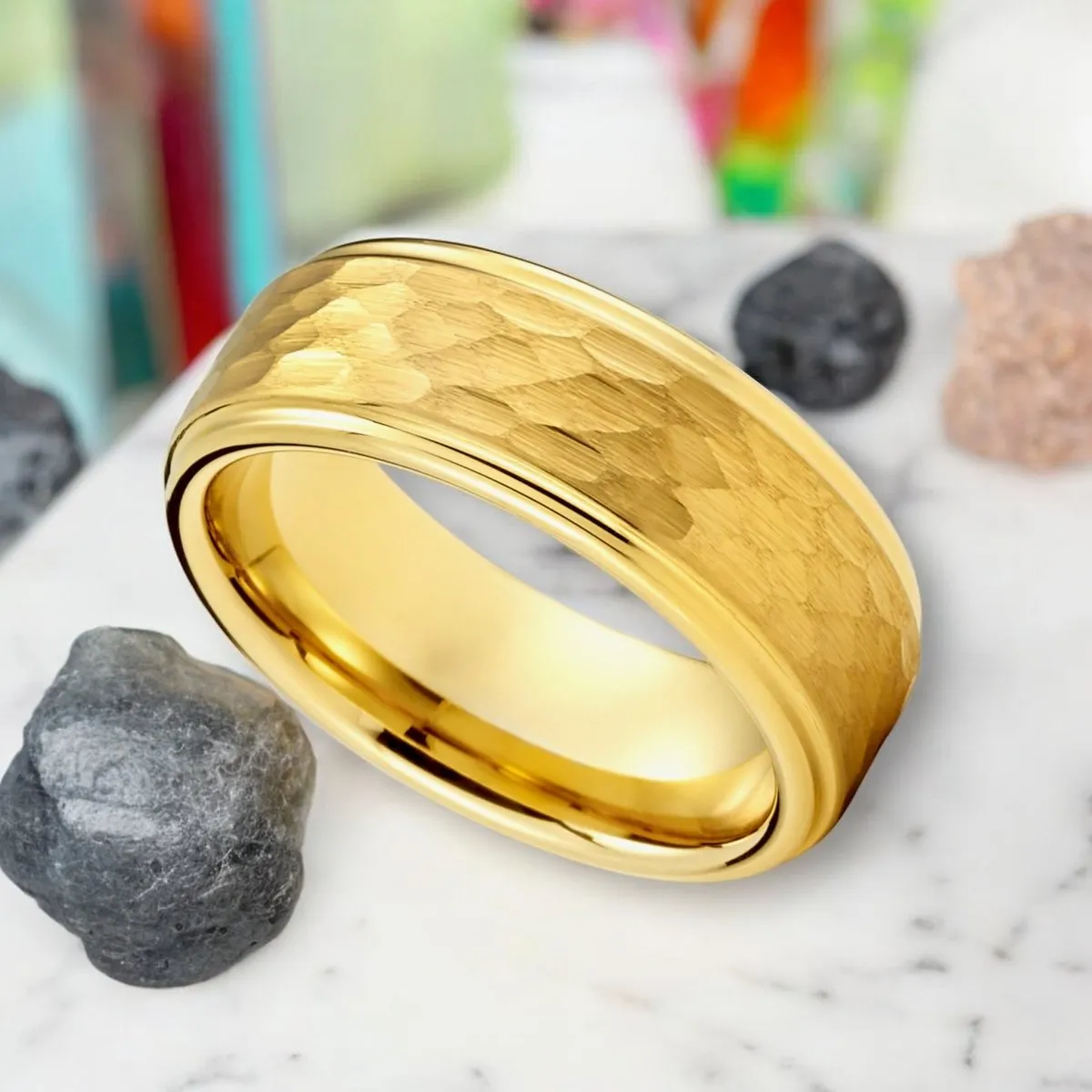 MONARCH | Gold Tungsten Ring, Hammered, Stepped Edge