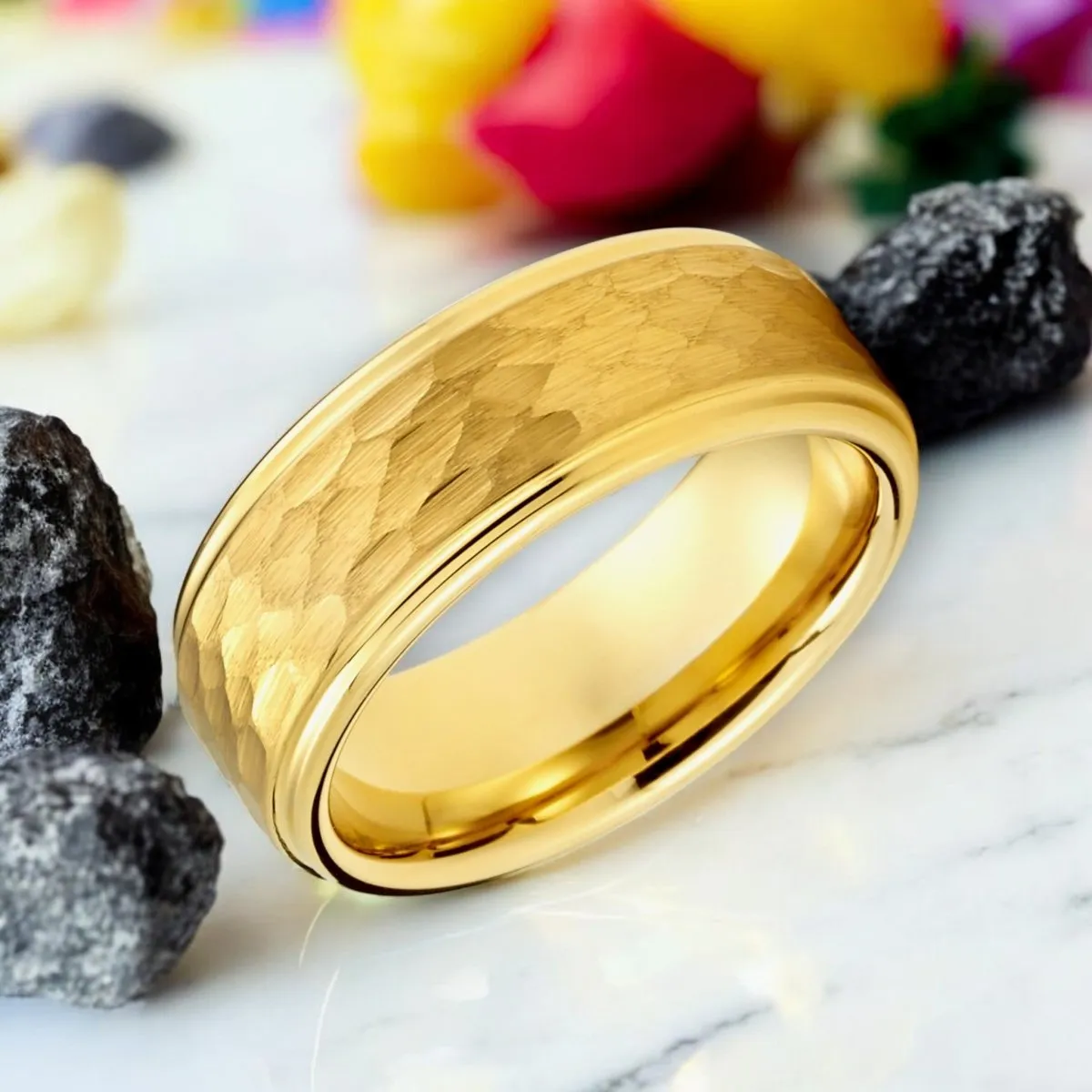 MONARCH | Gold Tungsten Ring, Hammered, Stepped Edge