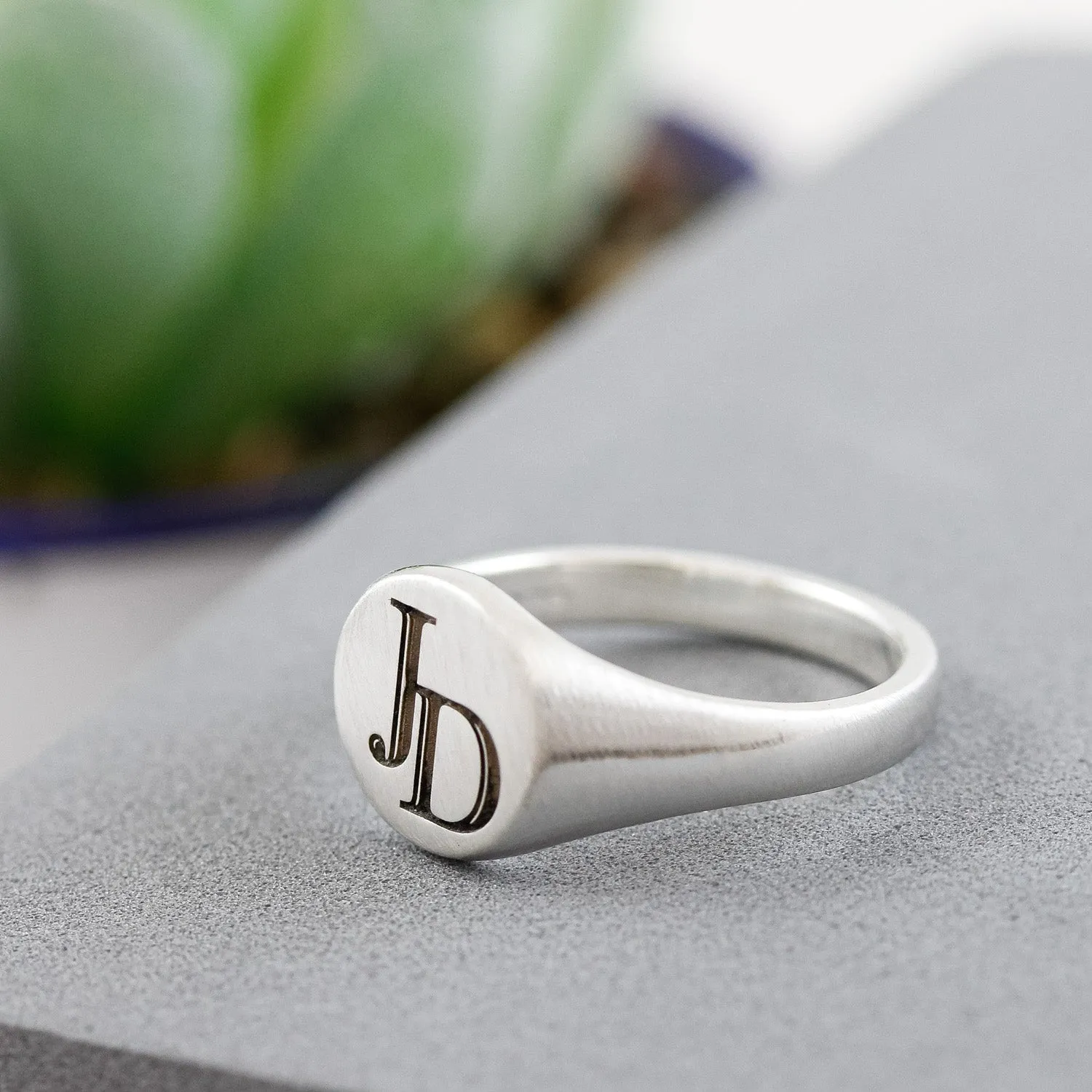 Monogram Initials Round Silver Signet Ring - 2 Initials