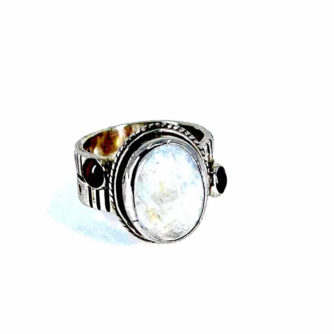 Moonstone  Garnet Sterling Silver Women's Ring - Size 9  Natural Gemstone