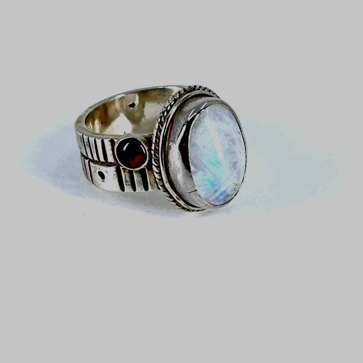 Moonstone  Garnet Sterling Silver Women's Ring - Size 9  Natural Gemstone