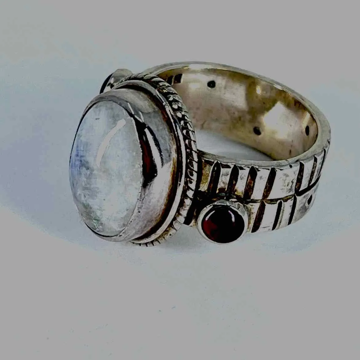 Moonstone  Garnet Sterling Silver Women's Ring - Size 9  Natural Gemstone