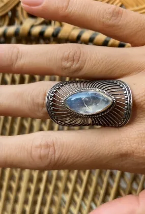 Moonstone Sunburst Shield Sterling Silver Ring