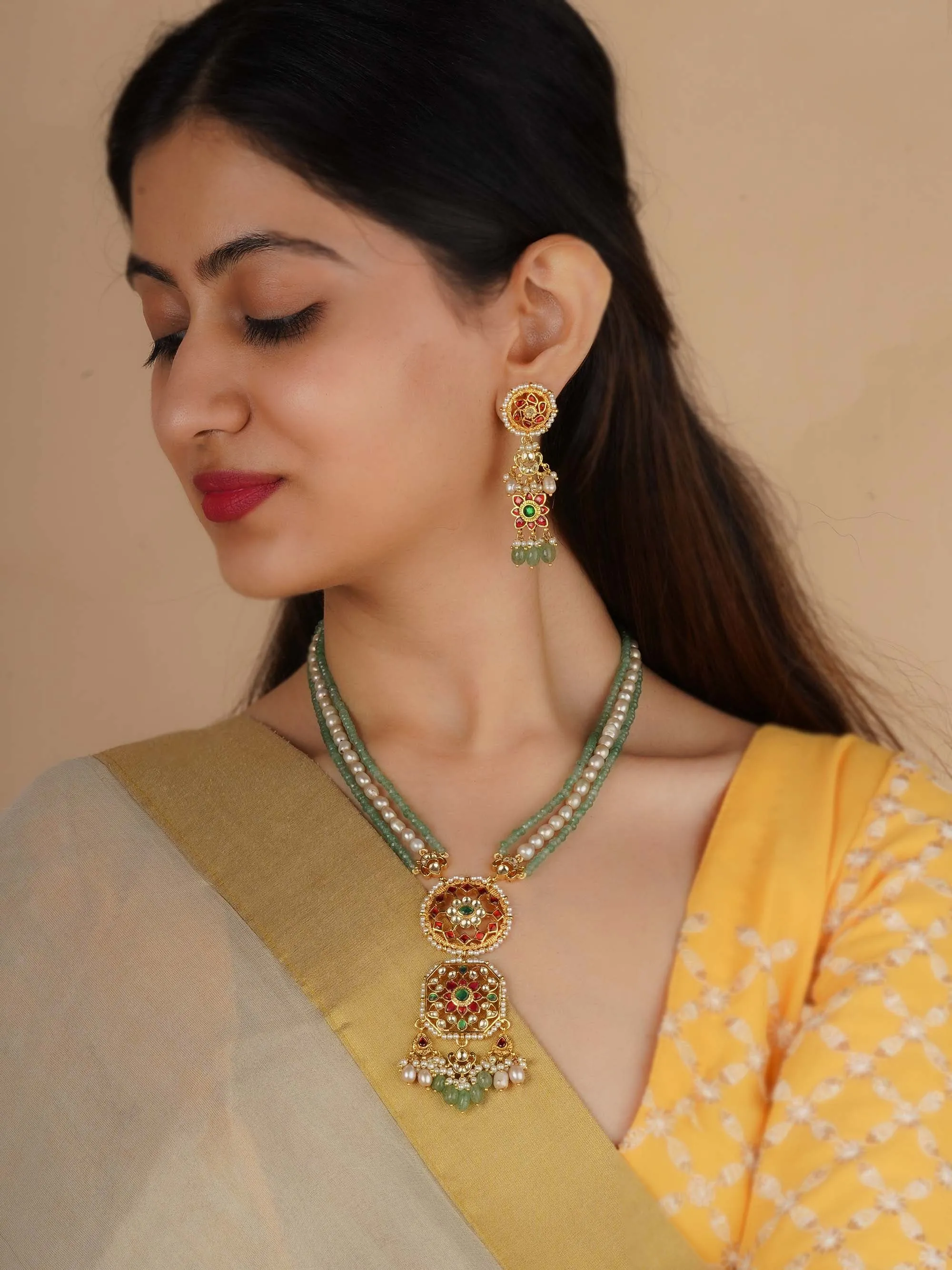 Multicolor Gold Plated Jadau Kundan Necklace Set - MS2300M