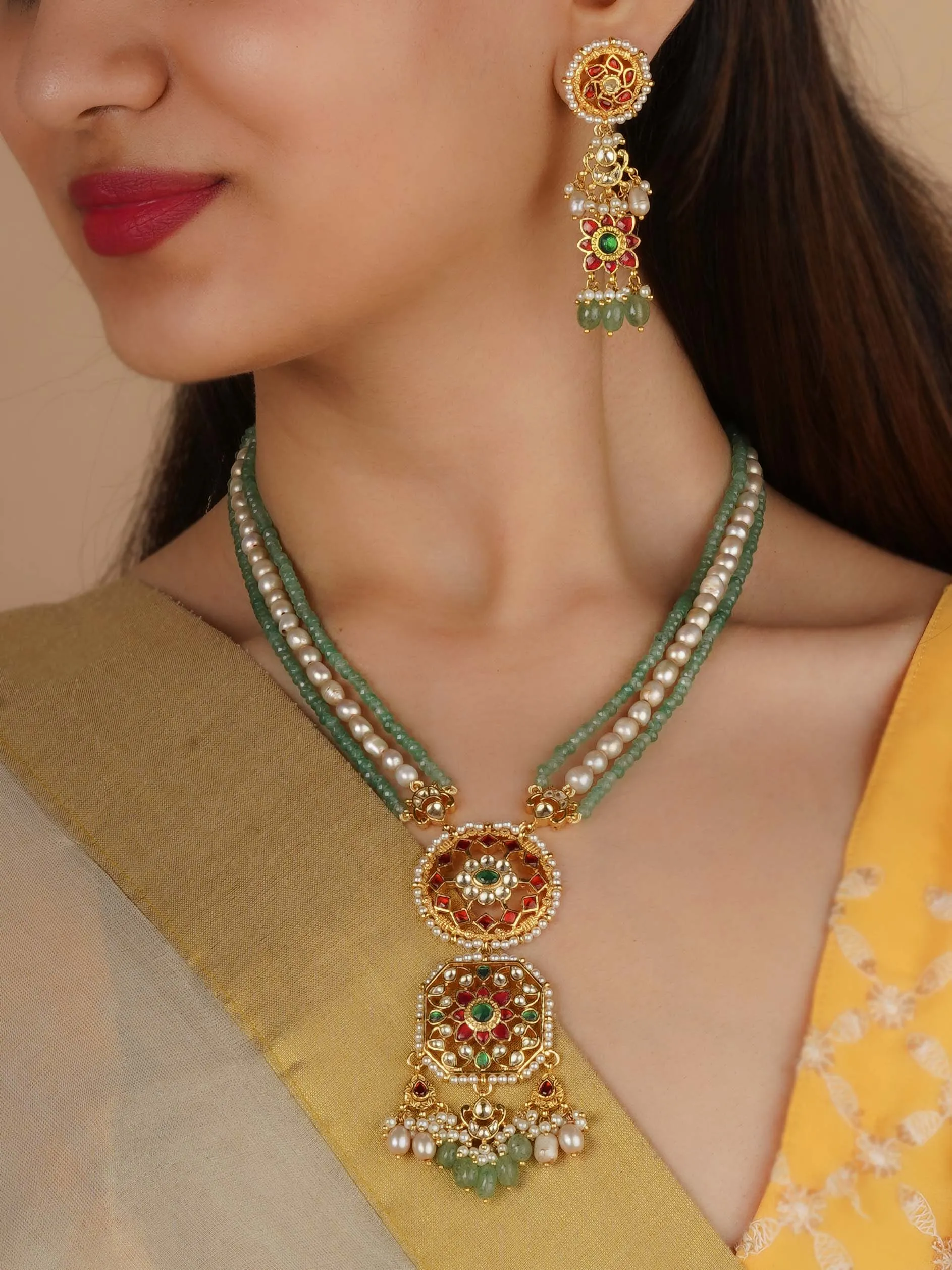 Multicolor Gold Plated Jadau Kundan Necklace Set - MS2300M