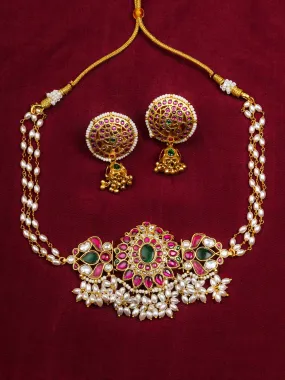 Multicolor Gold Plated Temple Necklace Set - TMPSET190M