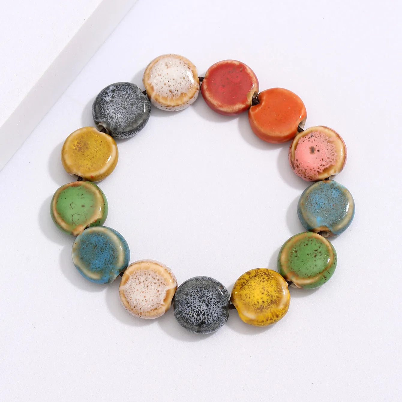 Multicolored Beaded Ceramic Flower Glaze Ethnic Bracelet