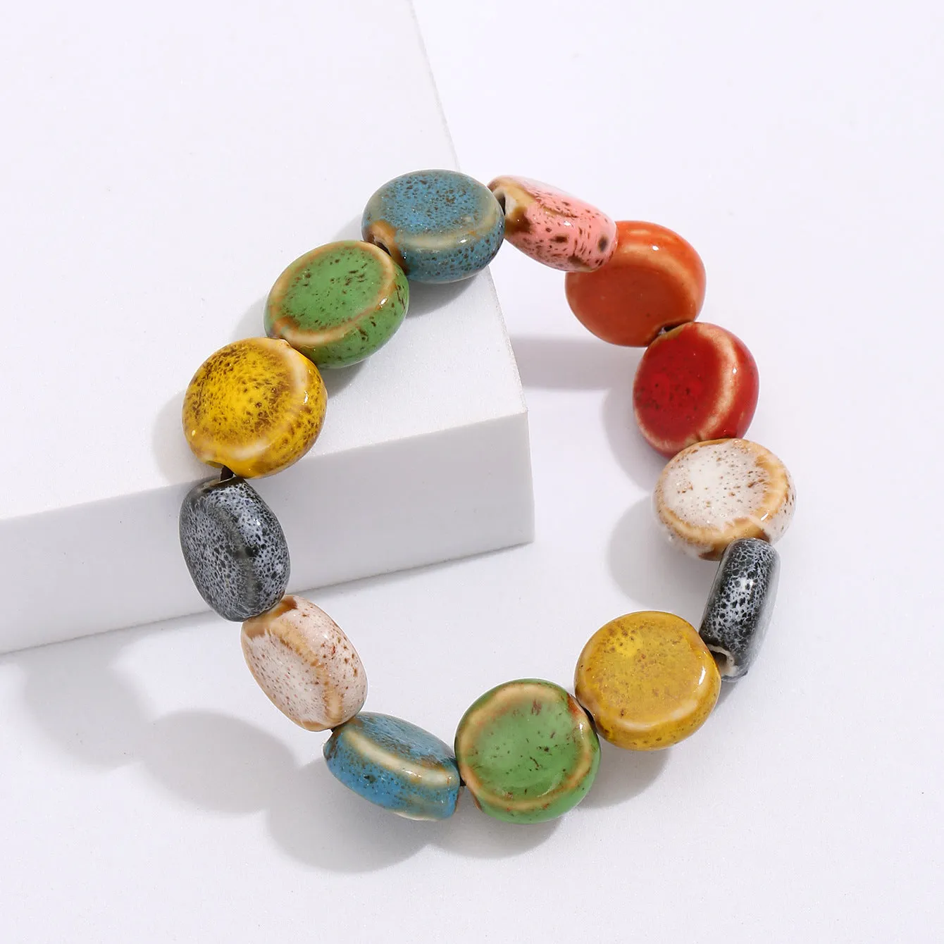 Multicolored Beaded Ceramic Flower Glaze Ethnic Bracelet