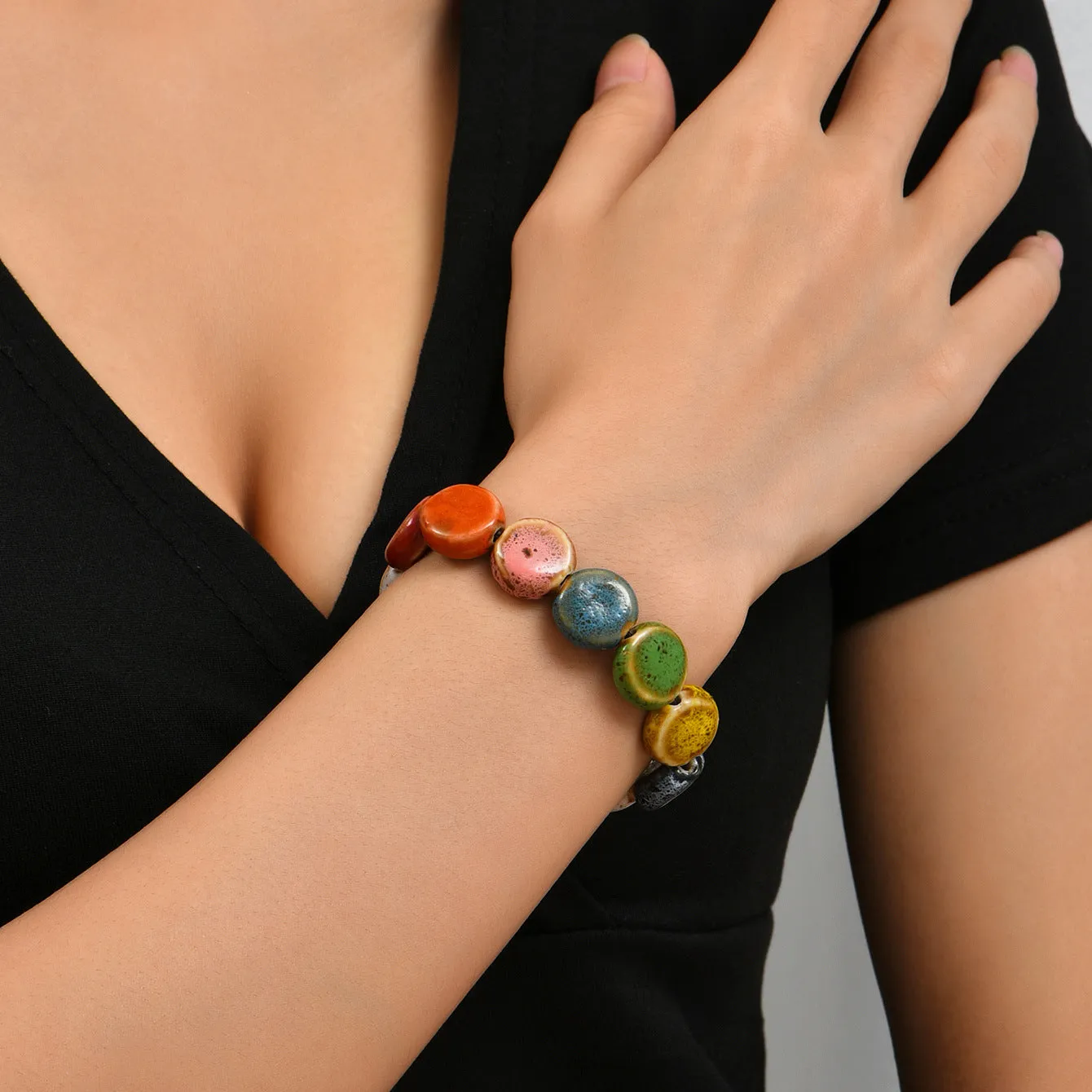 Multicolored Beaded Ceramic Flower Glaze Ethnic Bracelet