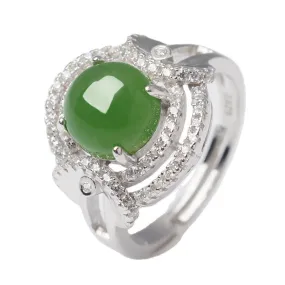 Natural Jade Ring Nephrite Silver Zircon Adjustable Ring ZNRG116