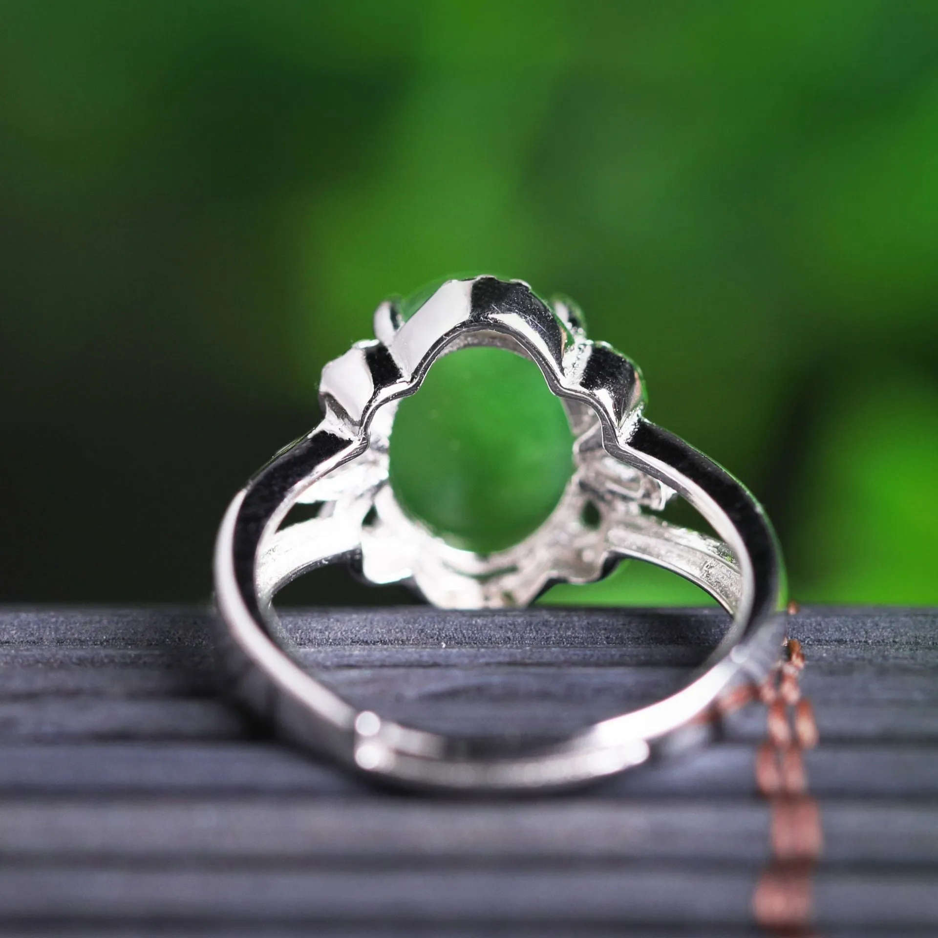 Natural Jade Ring Nephrite Silver Zircon Adjustable Ring ZNRG121