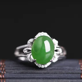 Natural Jade Ring Nephrite Silver Zircon Adjustable Ring ZNRG121