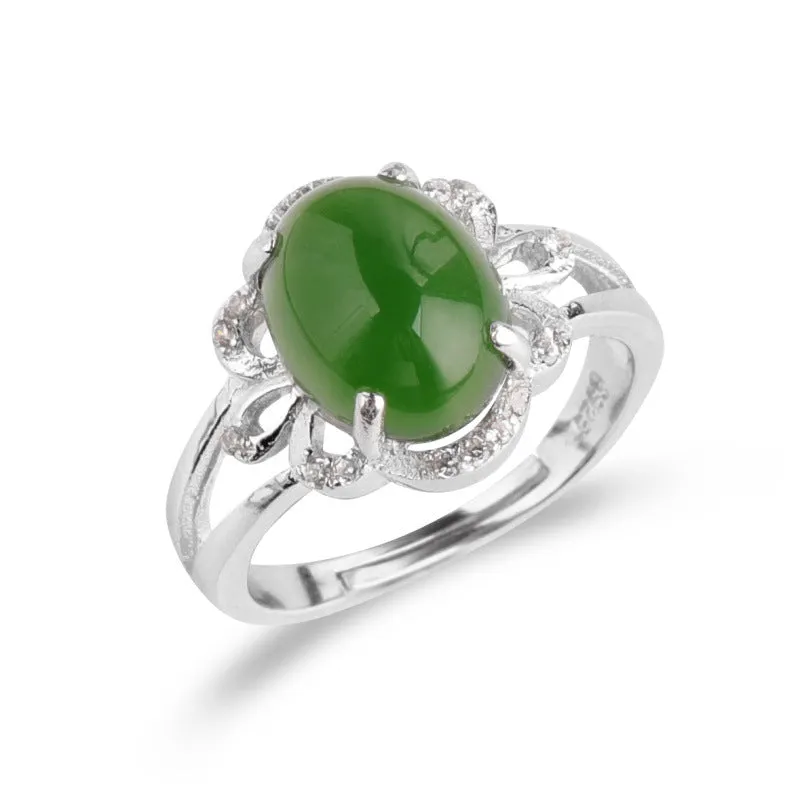 Natural Jade Ring Nephrite Silver Zircon Adjustable Ring ZNRG121