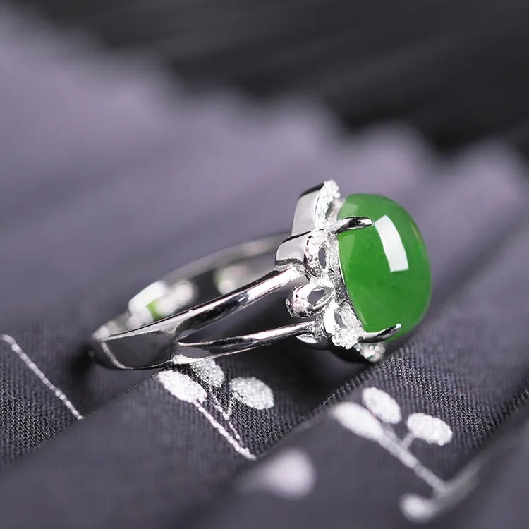 Natural Jade Ring Nephrite Silver Zircon Adjustable Ring ZNRG121