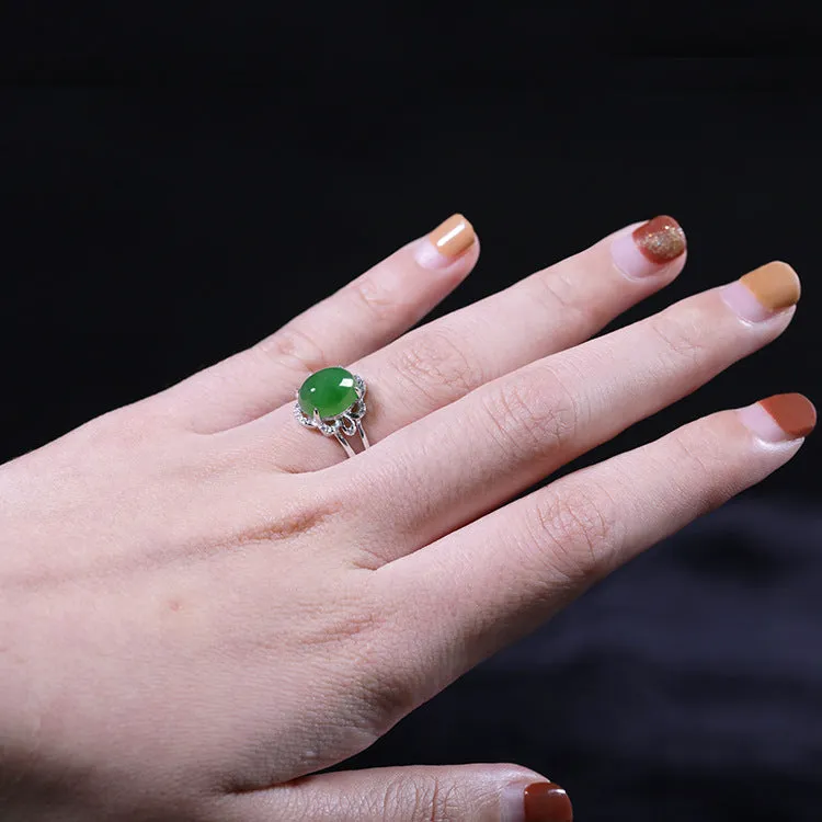 Natural Jade Ring Nephrite Silver Zircon Adjustable Ring ZNRG121