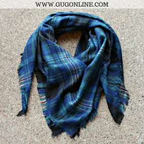 Navy Blue, Sage & Light Pink Plaid Blanket Scarf