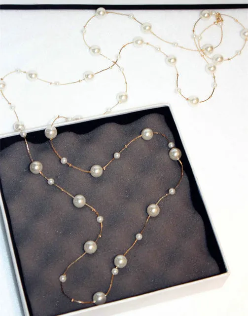 New arrival classic double layers simulated pearl long necklace women bijoux fashion jewelry gift