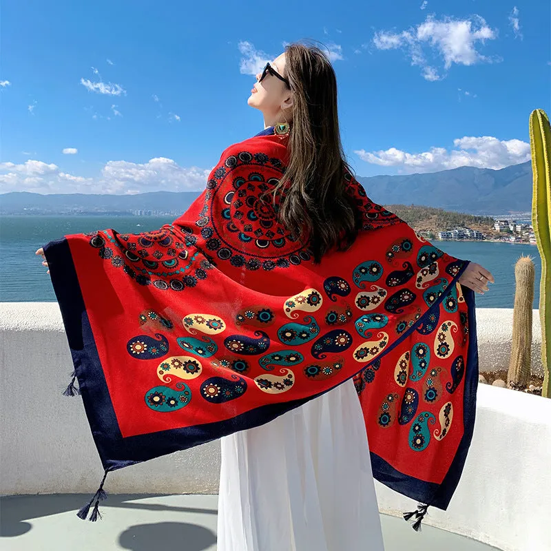 New Cotton and Hemp Feel Large Scarf Red Ethnic Tourism Beach Scarf with Dual Use Air Conditioning Room Shawl