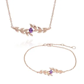 O Leaf Amethyst Halskette & Armband Satz in 9ct Rose Gold