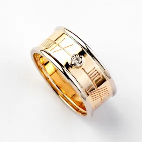 Ogham Yellow Gold Ring with White Gold Trim & Diamond - Wide